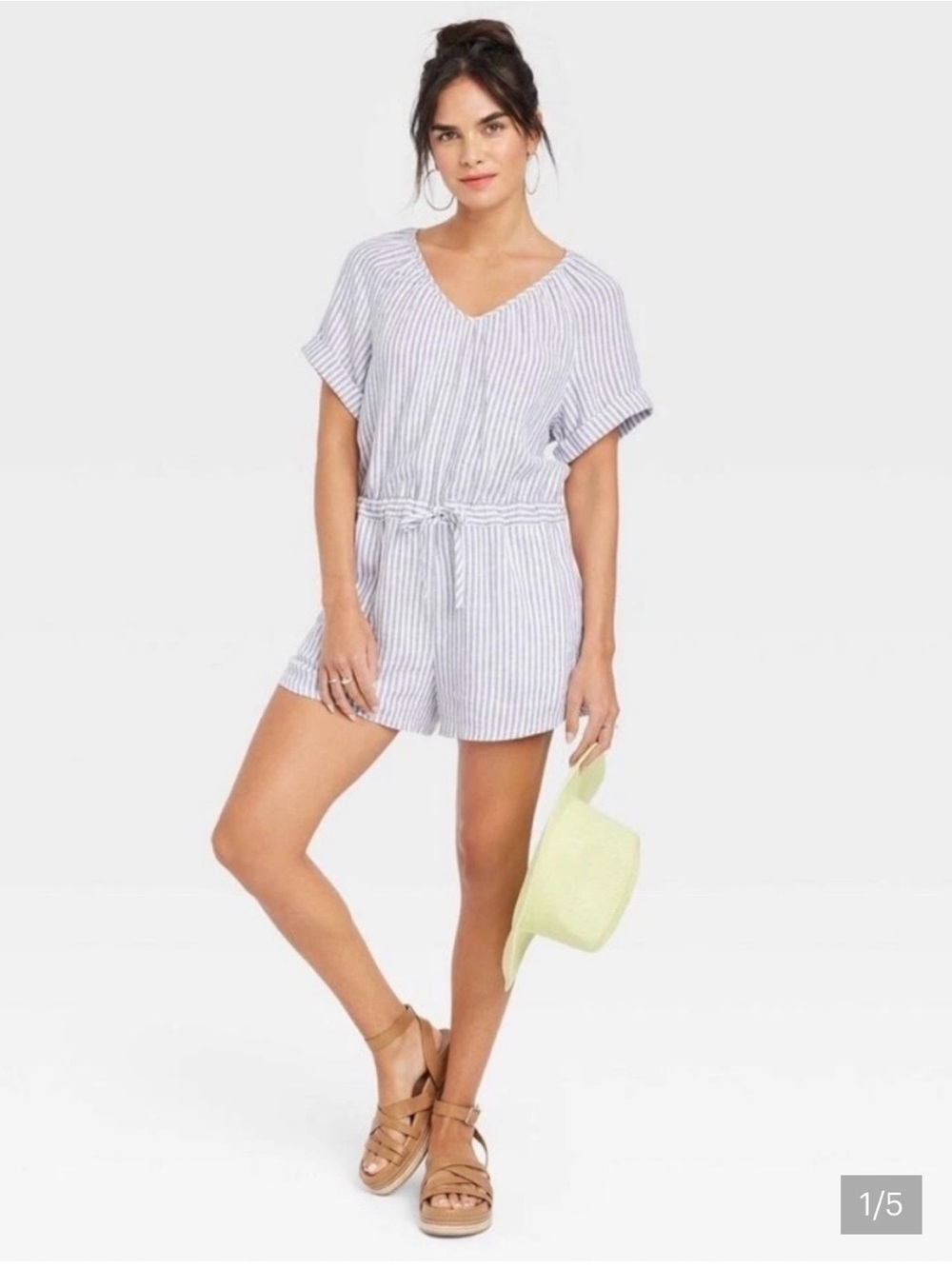 Universal Thread medium linen blend blue & white stripe  romper with pockets